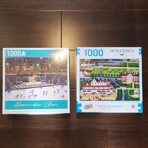 Set Of 2 New Sealed 1000-Piece Puzzles Winter Ice Skating & Horse Racing Stables
